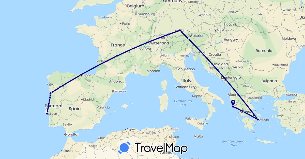 TravelMap itinerary: driving in Germany, Greece, Portugal (Europe)